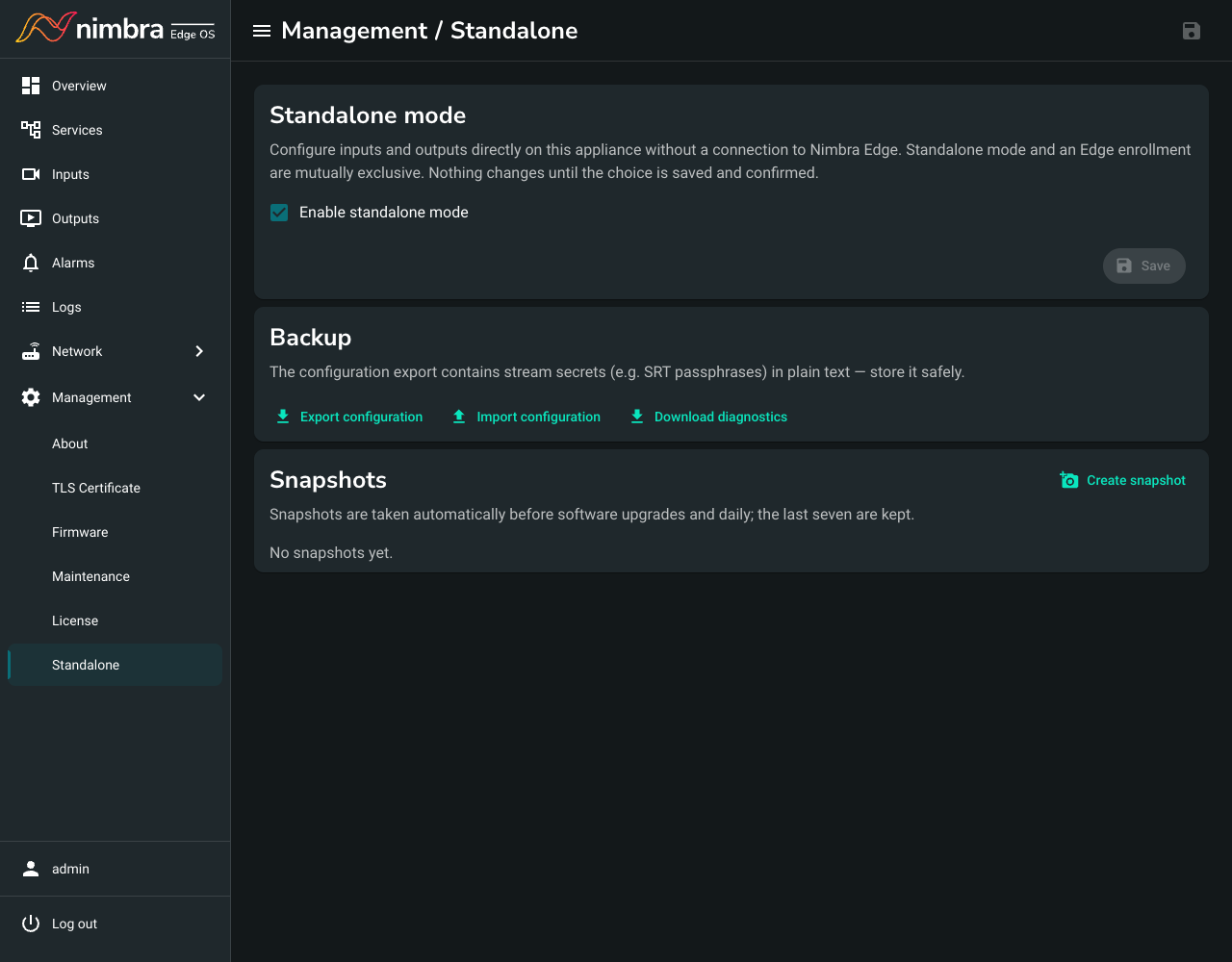 The Backup and Snapshots sections