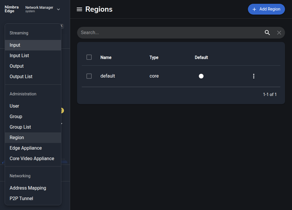 Create New menu with Region selected