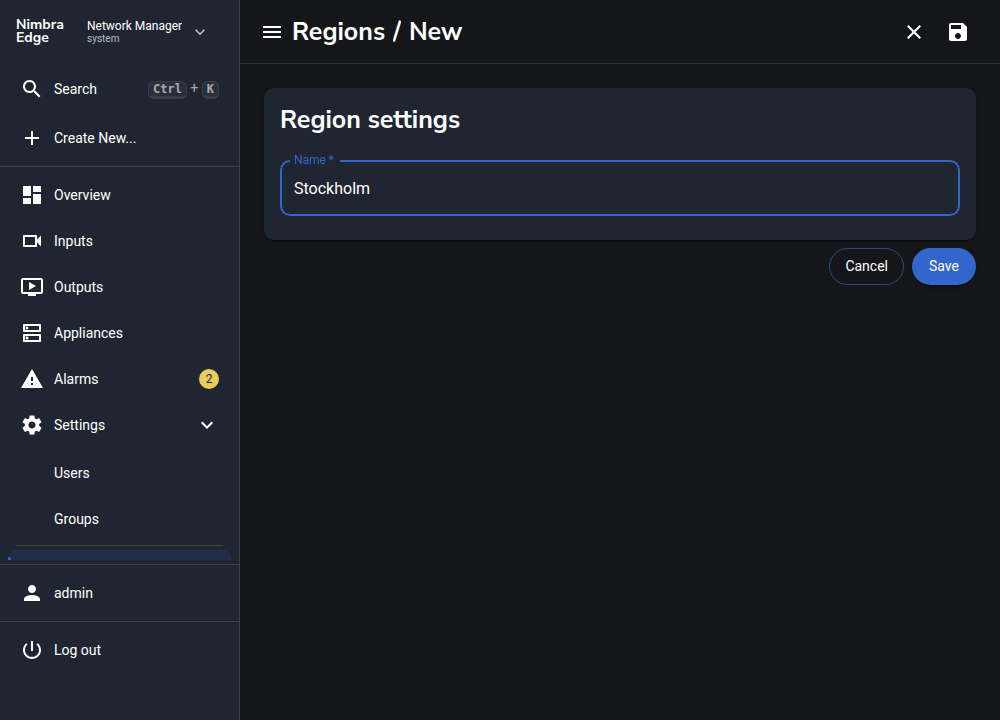Network Manager with the new region form and Stockholm entered as an example