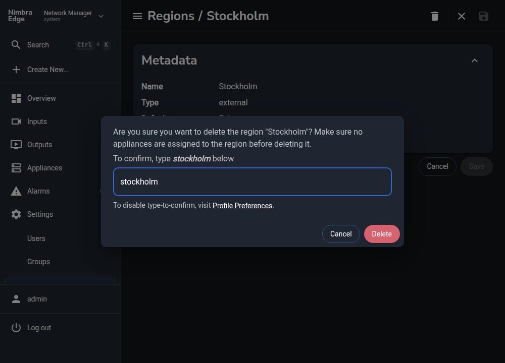 Confirmation dialog for deleting the example Stockholm region