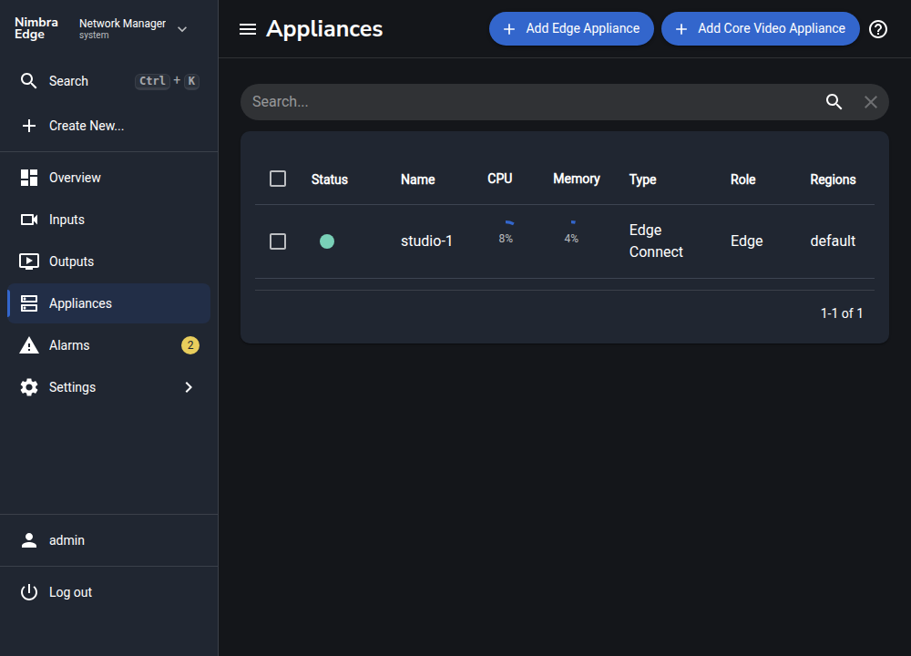 Appliances page showing studio-1 connected as an Edge Connect in the default region