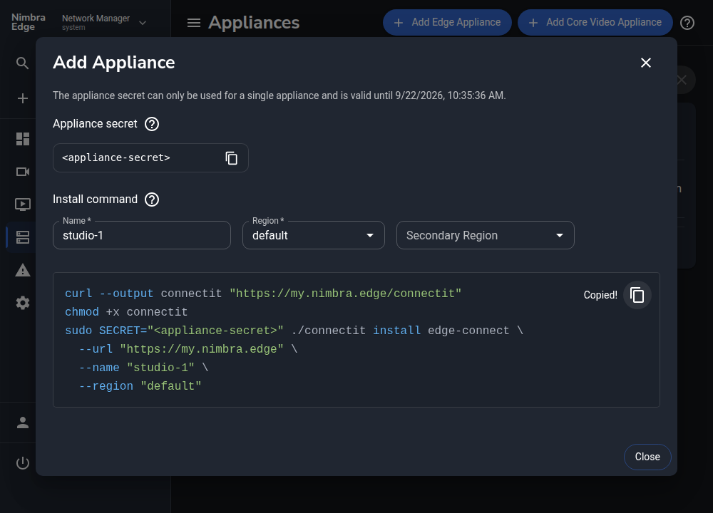 Edge Appliance dialog with studio-1 and the installation command copied; appliance secret hidden