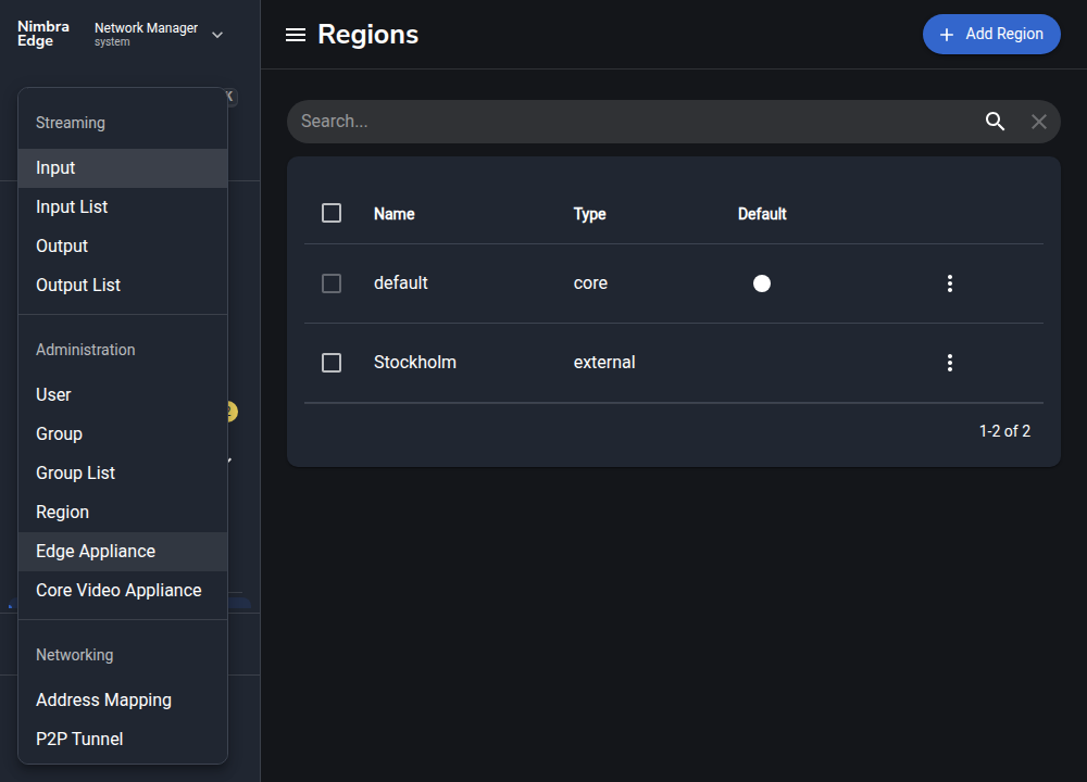 Create New menu with Edge Appliance selected in Network Manager
