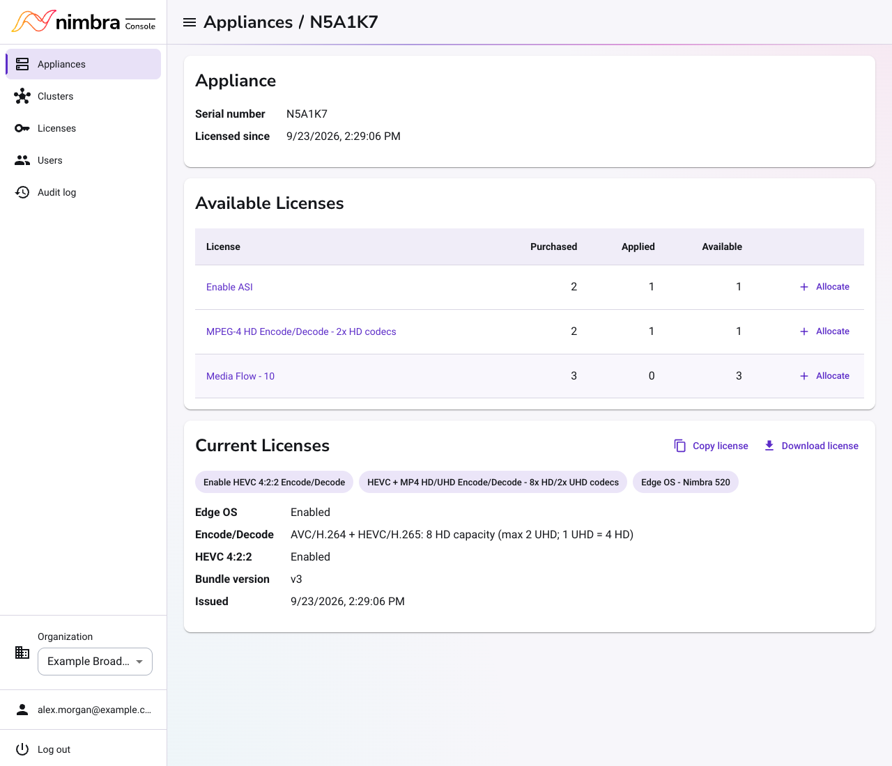 An appliance page in Nimbra Console