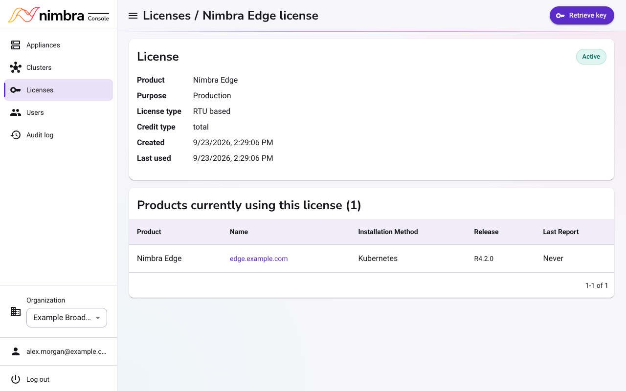 A Nimbra Edge license in Nimbra Console