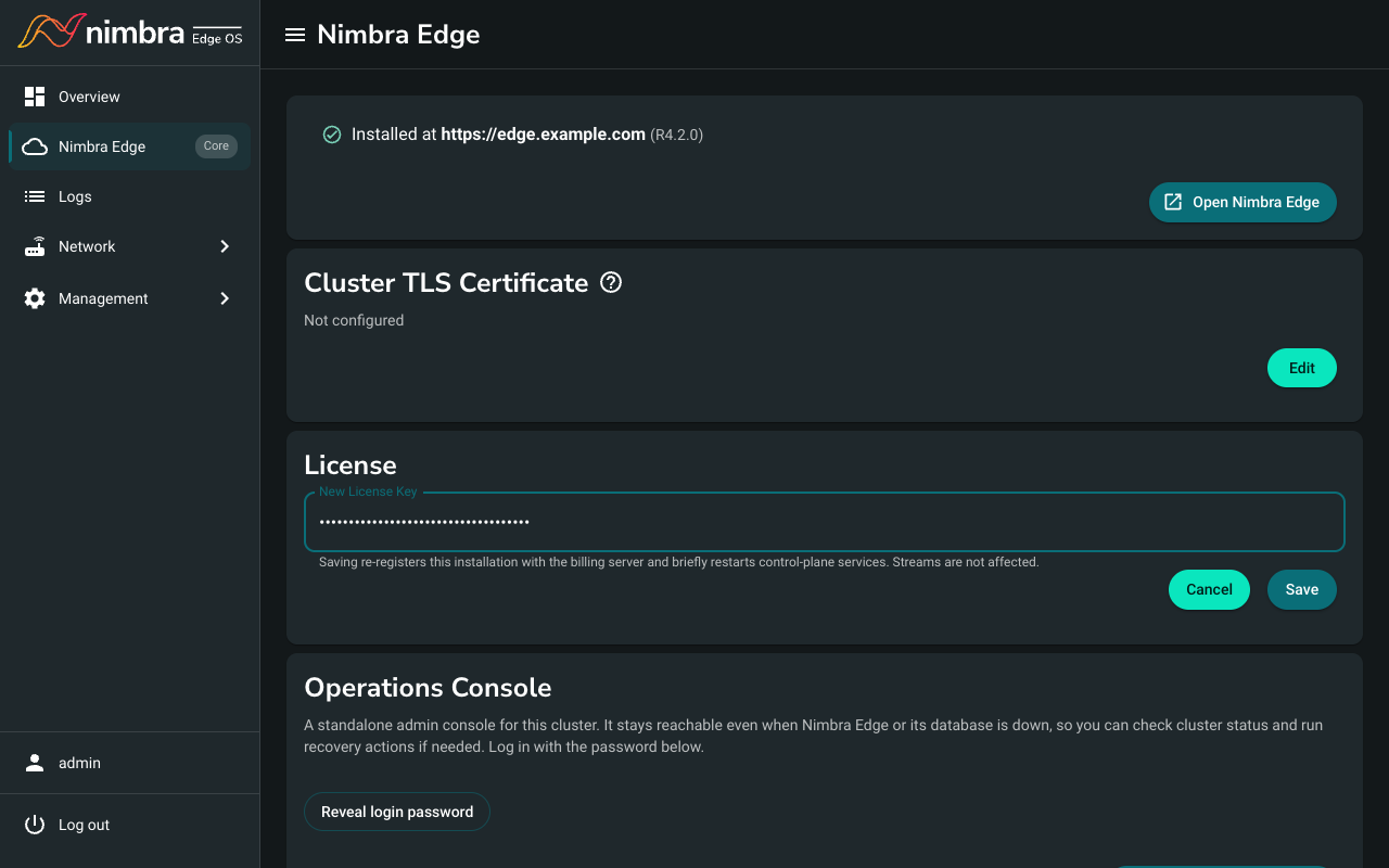 Changing the license key on an Edge Core appliance