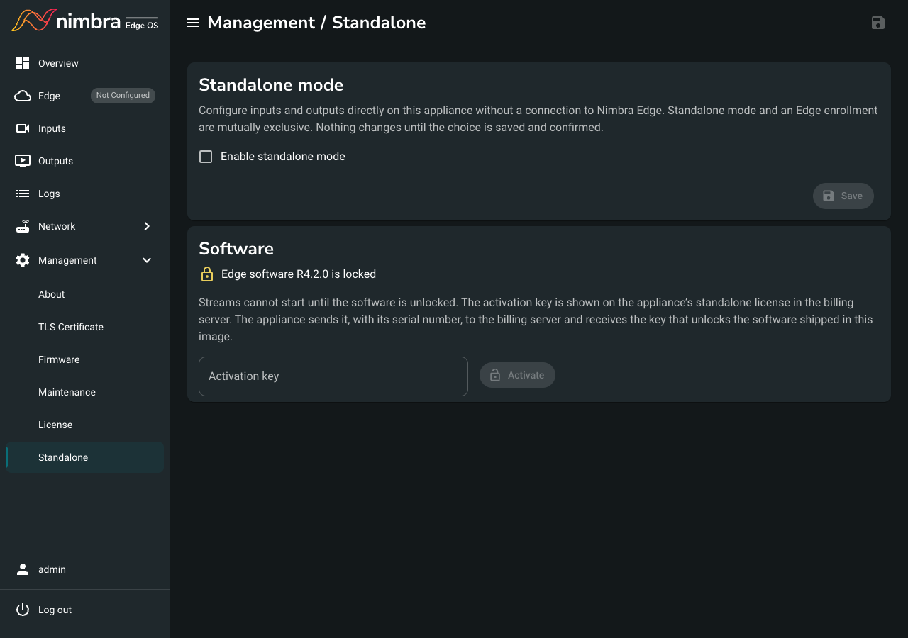 The Standalone page before activation