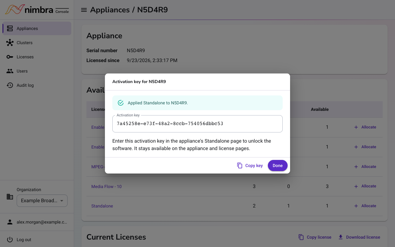 The activation key in Nimbra Console