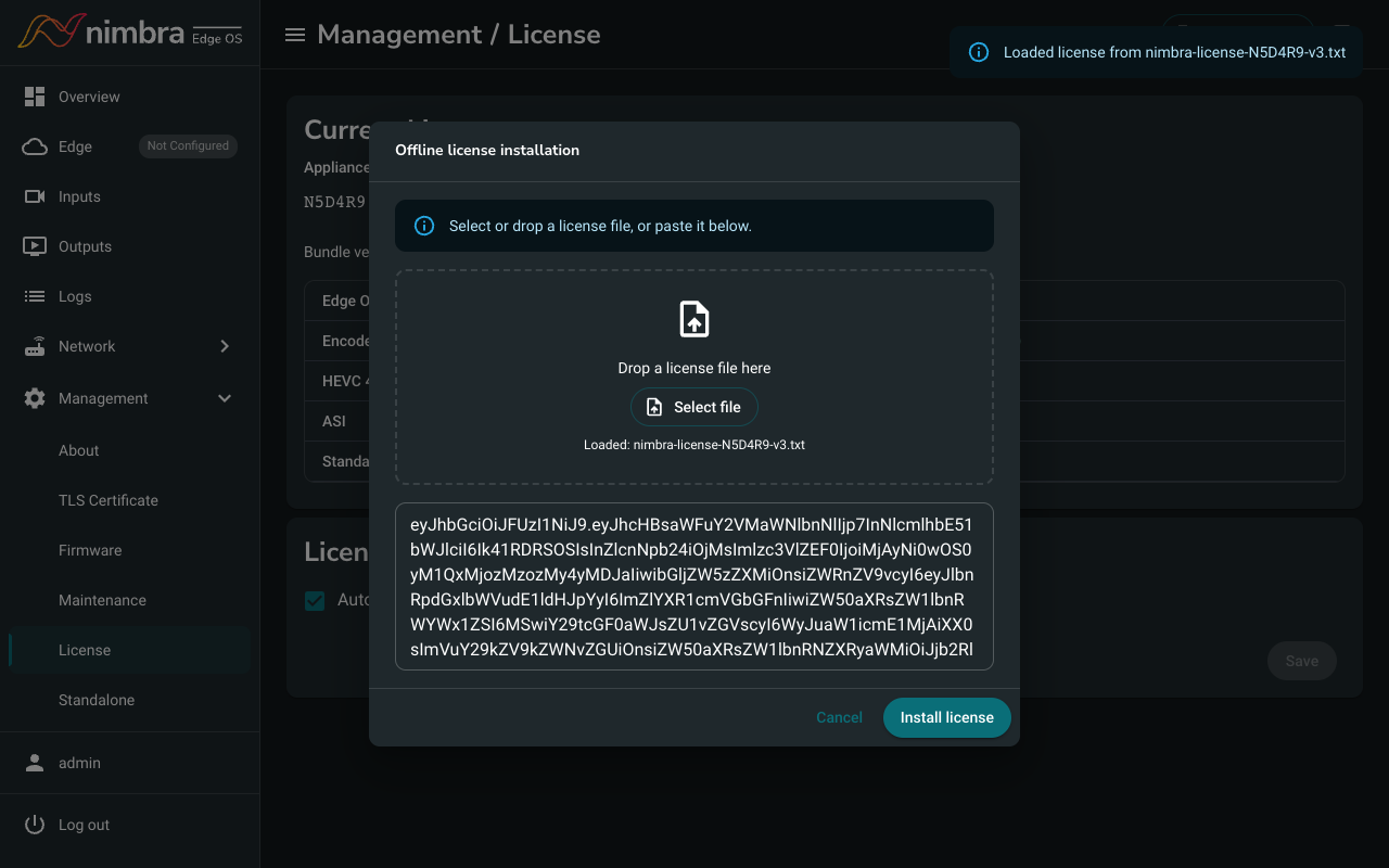 Installing a license file on the appliance