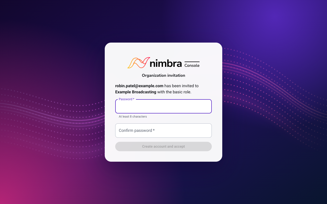 Accepting an invitation to Nimbra Console