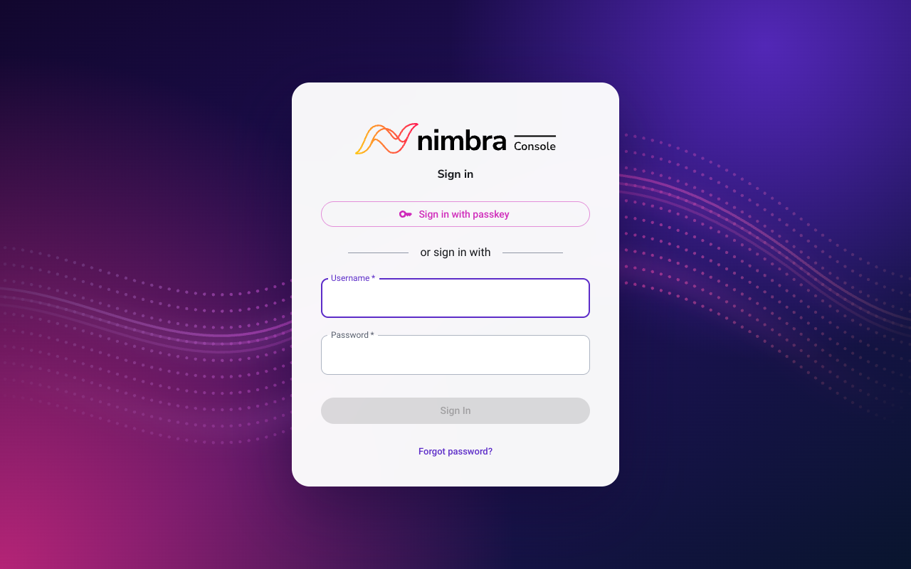 The Nimbra Console sign-in page