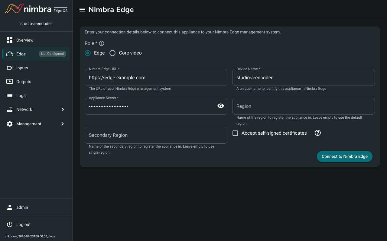 Connecting the appliance to Nimbra Edge