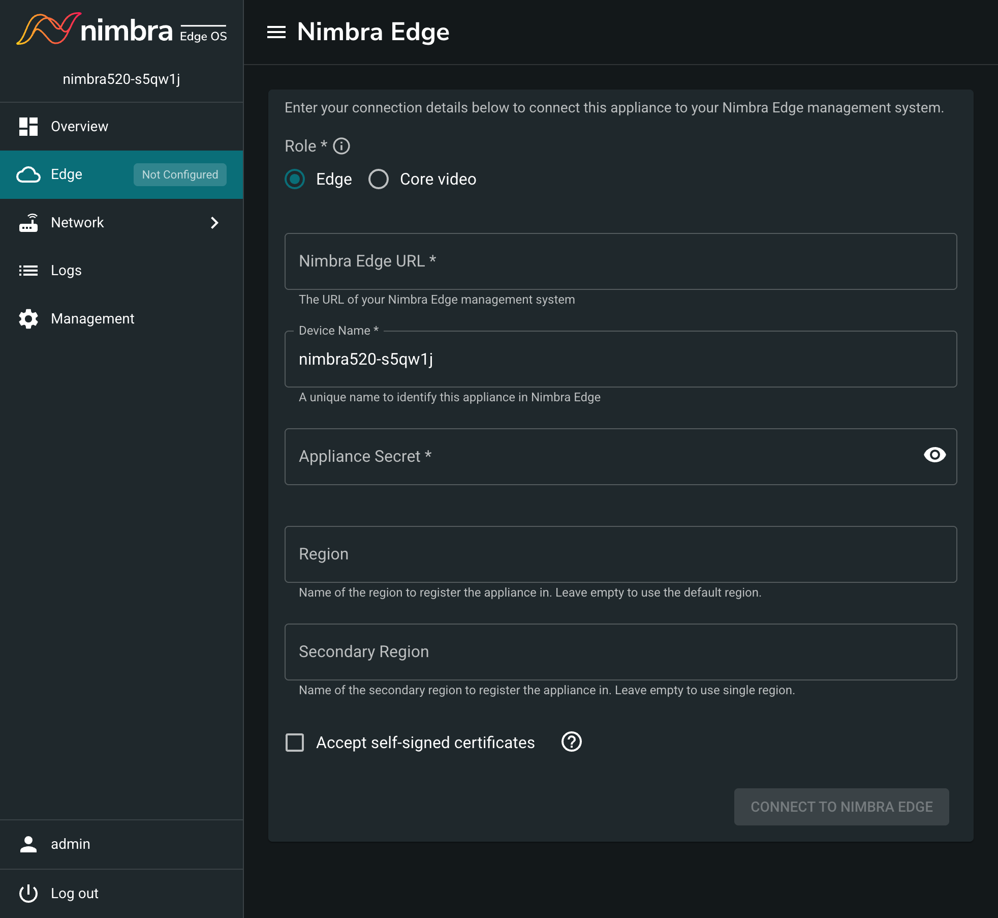 Nimbra Edge Connection settings
