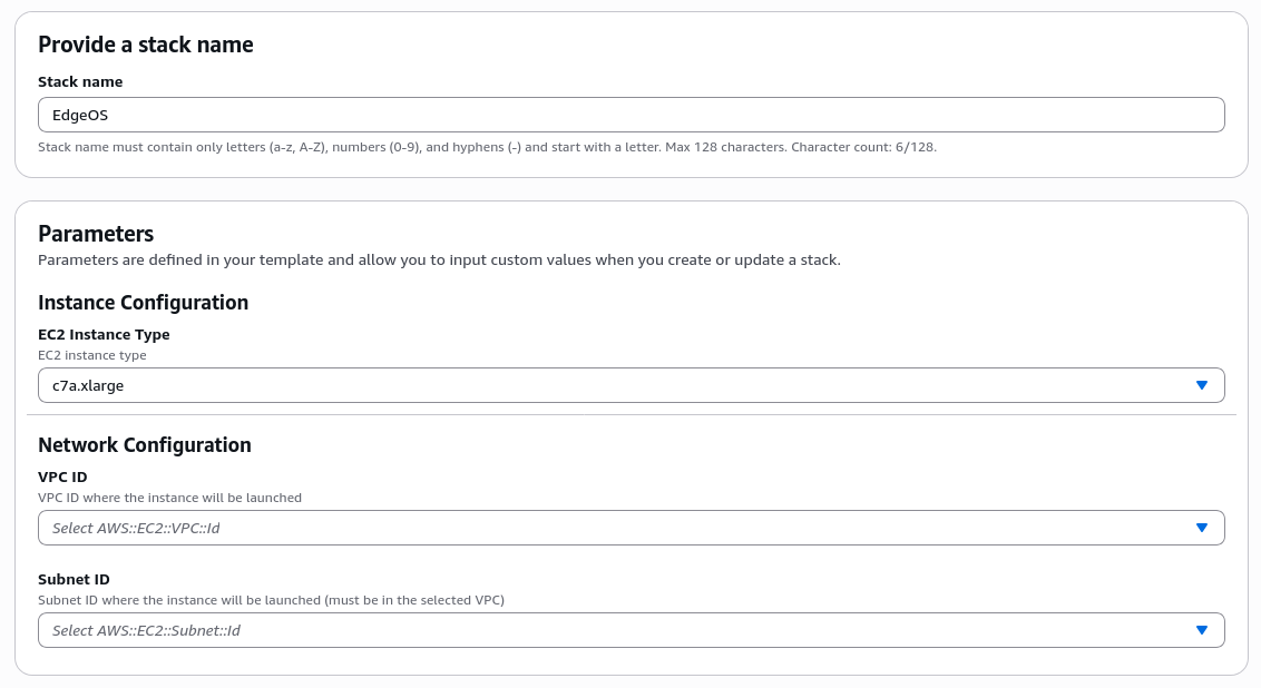 CloudFormation parameters for the stack name, instance type, VPC, and subnet