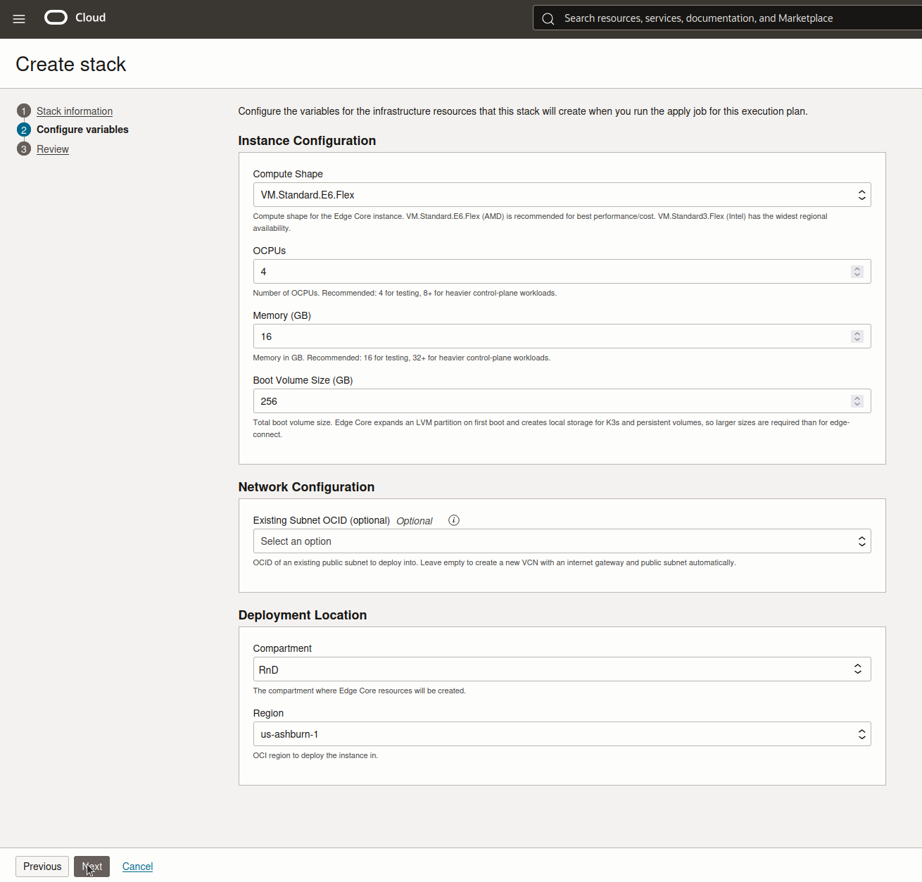 Configure variables showing compute shape, 4 OCPUs, 16 GB memory, a 256 GB boot volume, and the prefilled compartment and region under Deployment Location