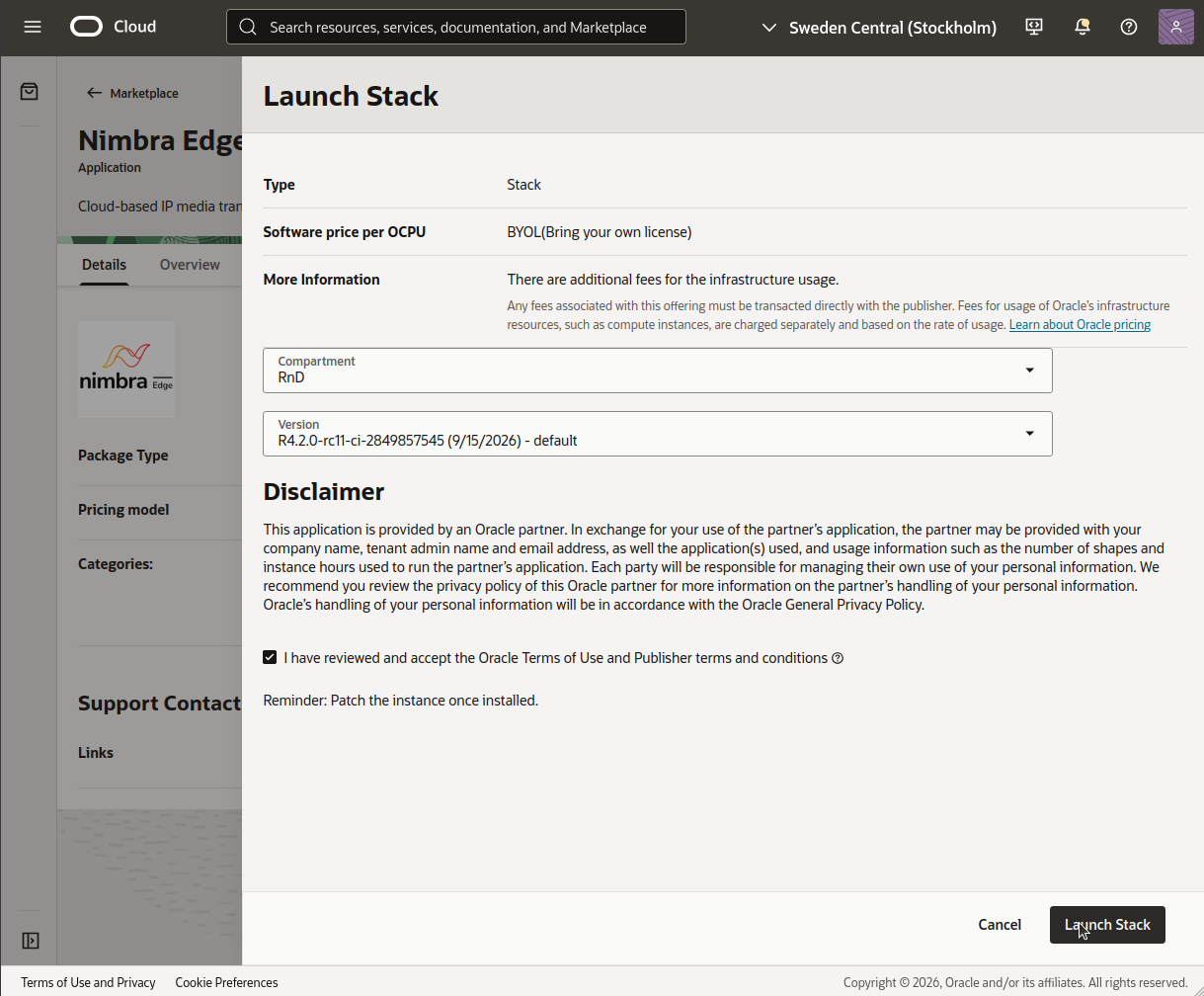 Launch Stack dialog with compartment, version, and accepted terms
