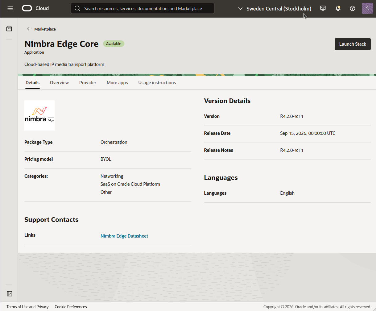 Nimbra Edge Core Marketplace listing with the Launch Stack button