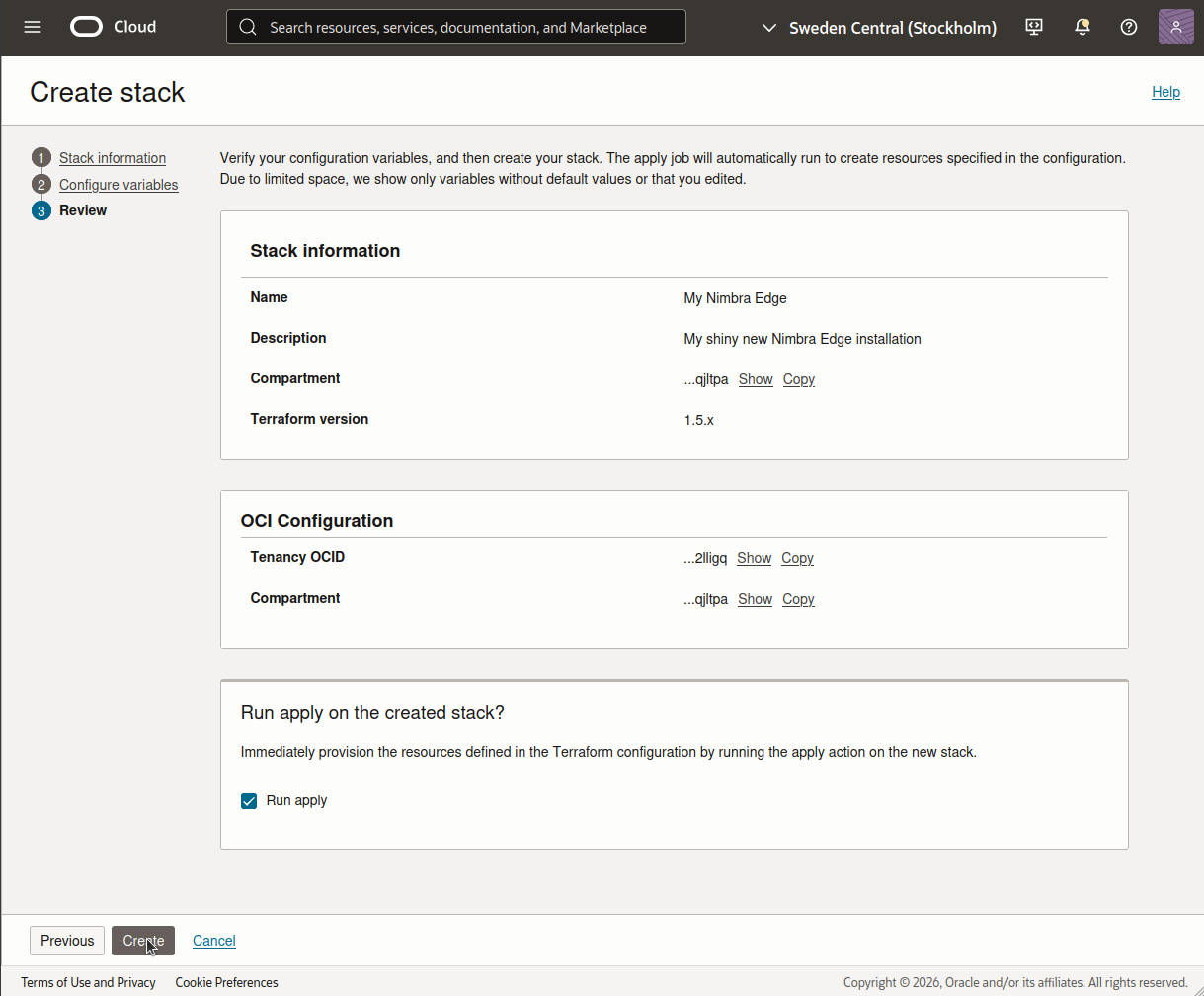 Review page with Run apply checked and the Create button