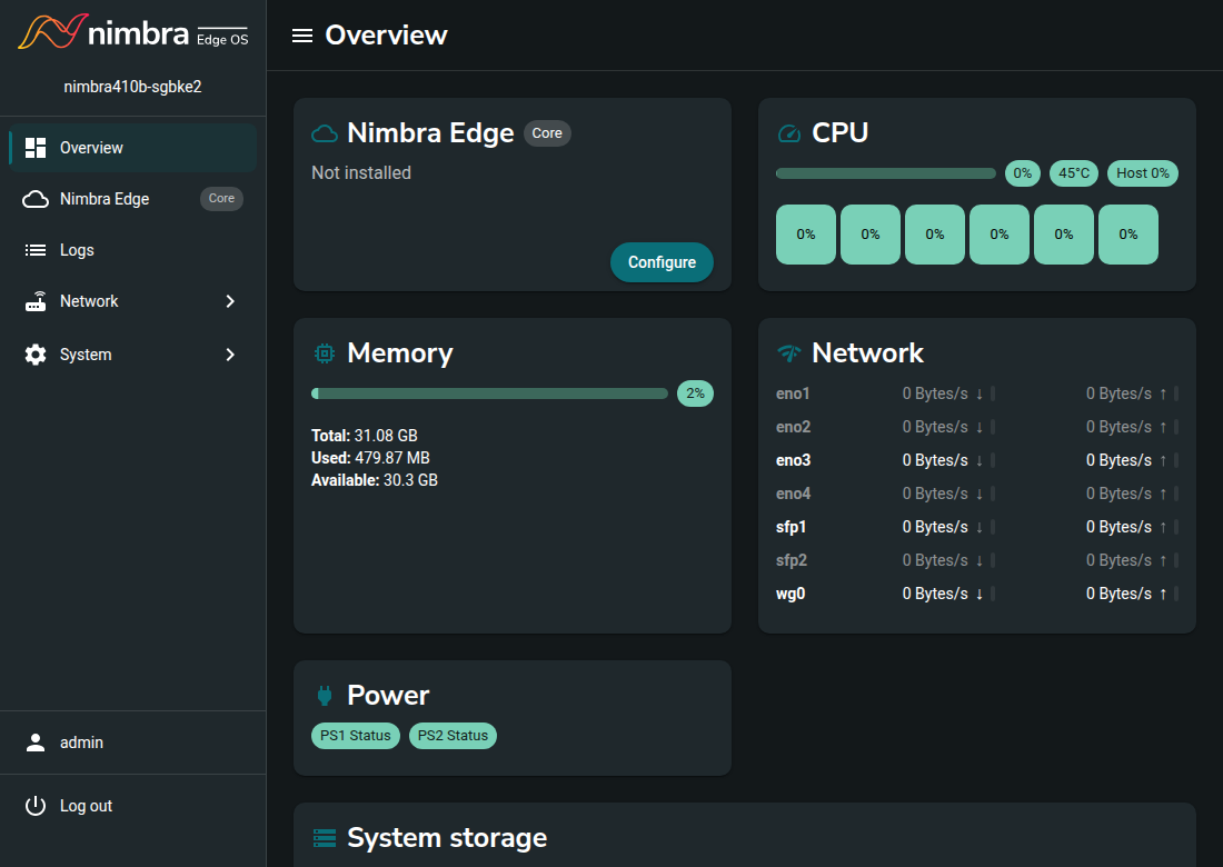 Appliance UI overview after signing in, showing Nimbra Edge not installed and the Configure button