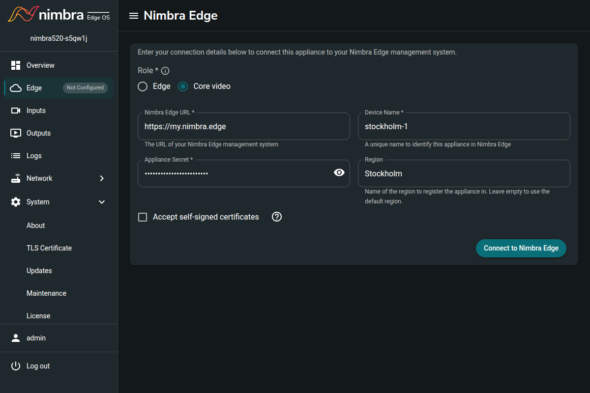 Appliance connection form with Core video, the installation URL, and Stockholm selected