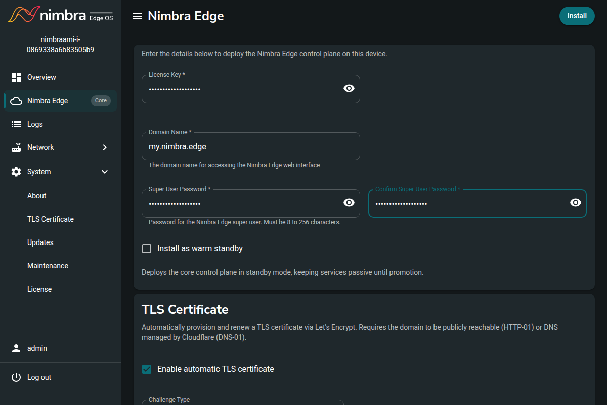 Nimbra Edge setup with the domain, admin password fields, and standby option