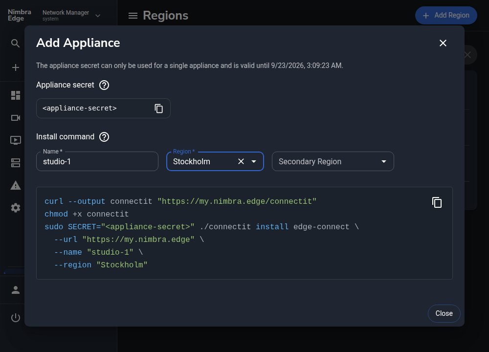 Edge Appliance dialog with studio-1, Stockholm, and the installation command