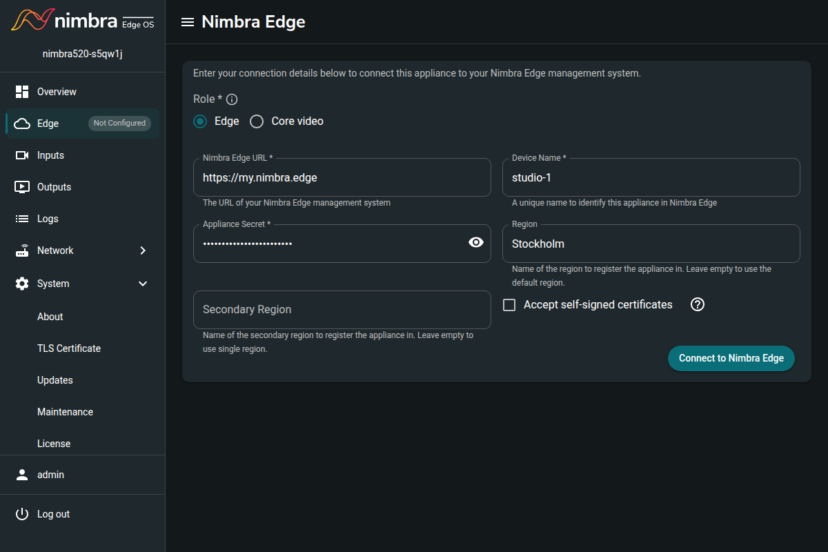 Nimbra 520 connection form with the Edge role, studio-1, and Stockholm entered