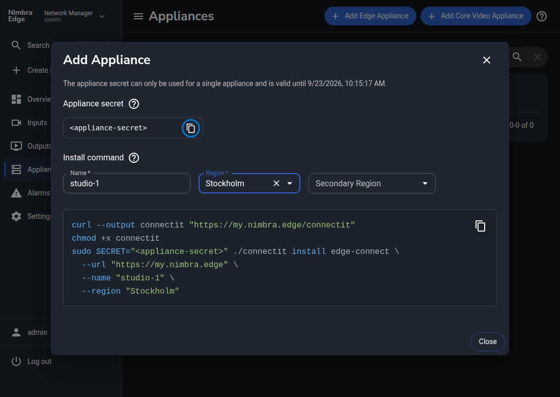 Edge Appliance dialog with the copy button beside the appliance secret highlighted