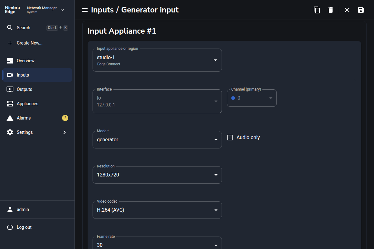 Generator input on studio-1 with generator mode and test signal settings