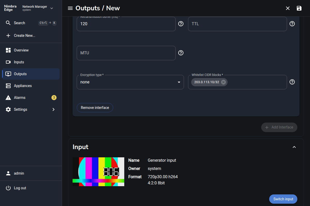 Example source whitelist and Generator input selected for the output