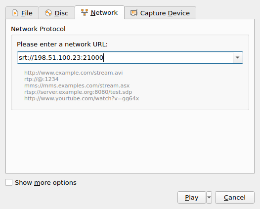 VLC Open Media dialog with an example SRT URL using port 21000